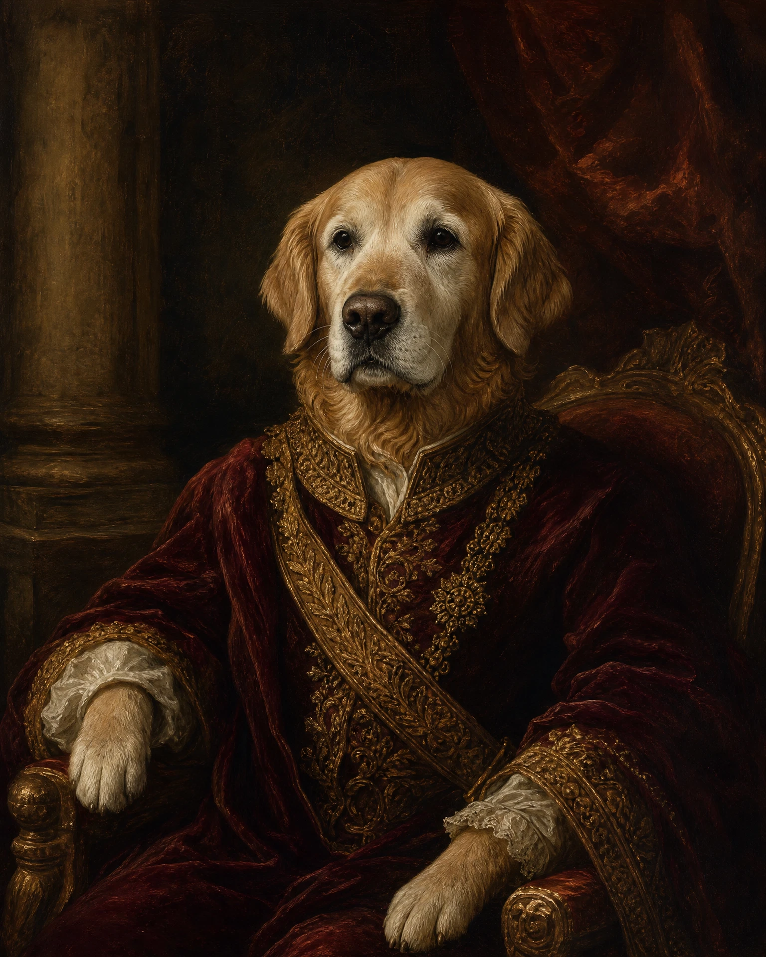 Senior golden retriever in Royal Portrait — rendered artwork