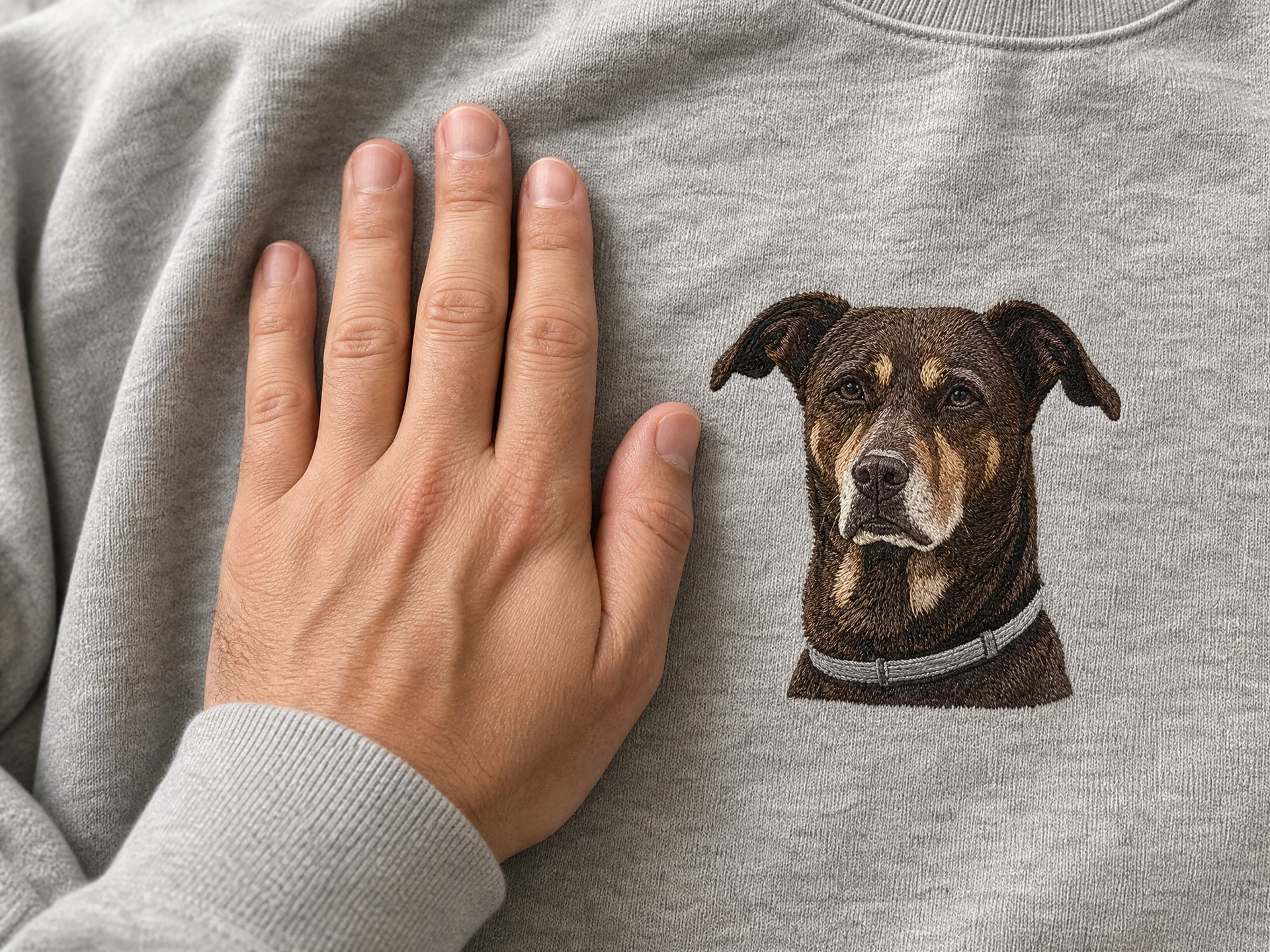 An open hand resting beside a 10 cm embroidered pet portrait on grey sweatshirt fabric, showing the two are a similar size