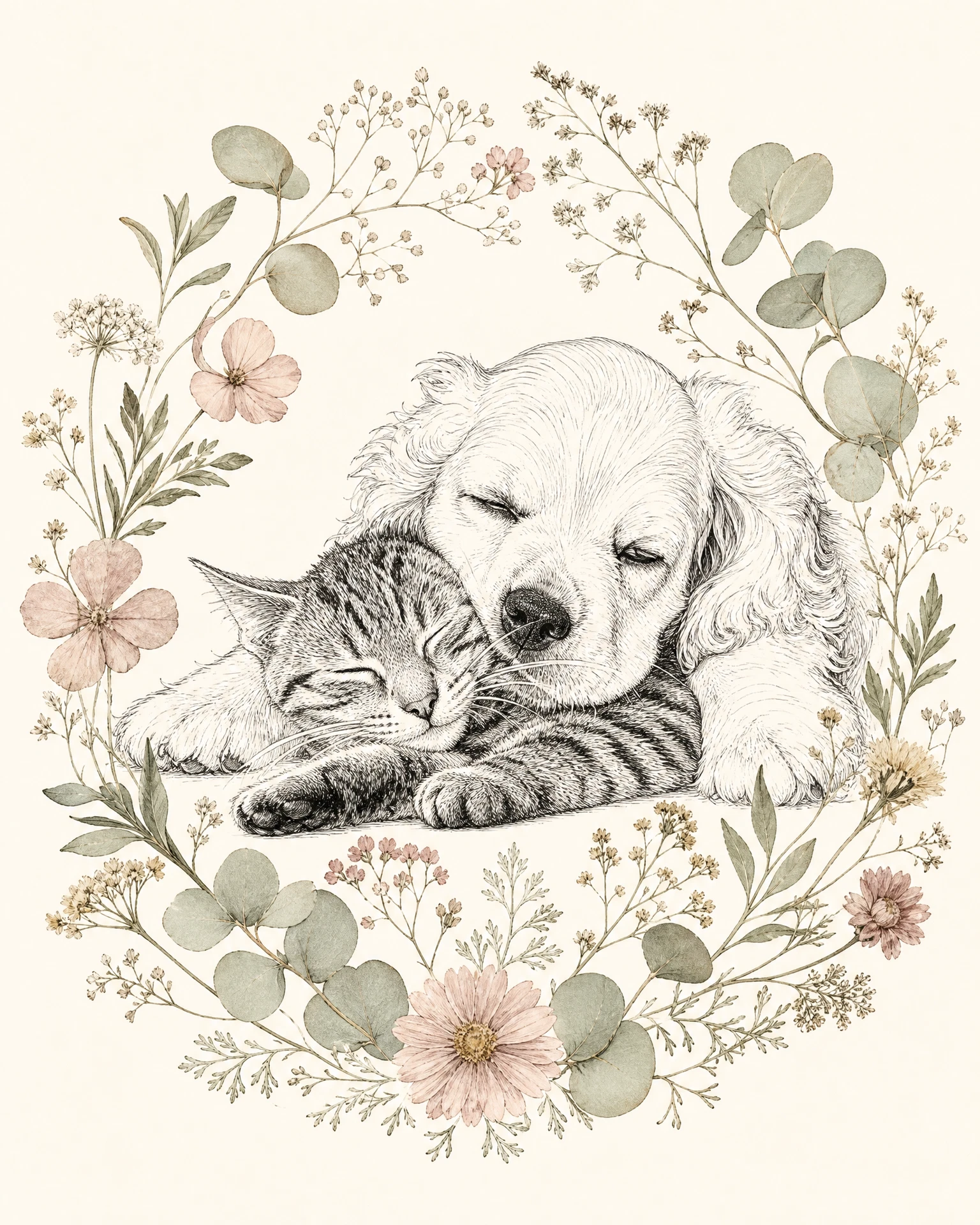 Cat and spaniel asleep together in Line & Bloom — rendered artwork
