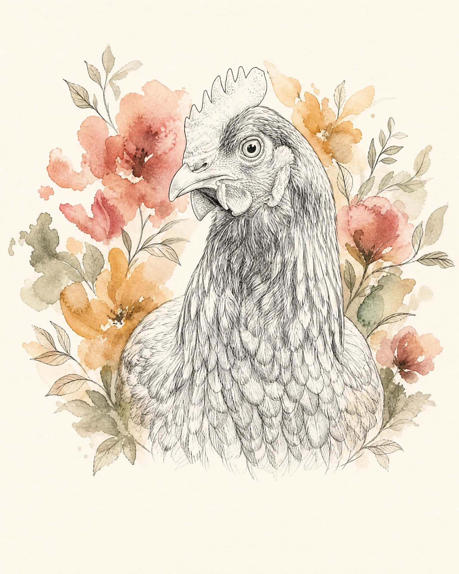 Brown hen in Line & Bloom — rendered artwork