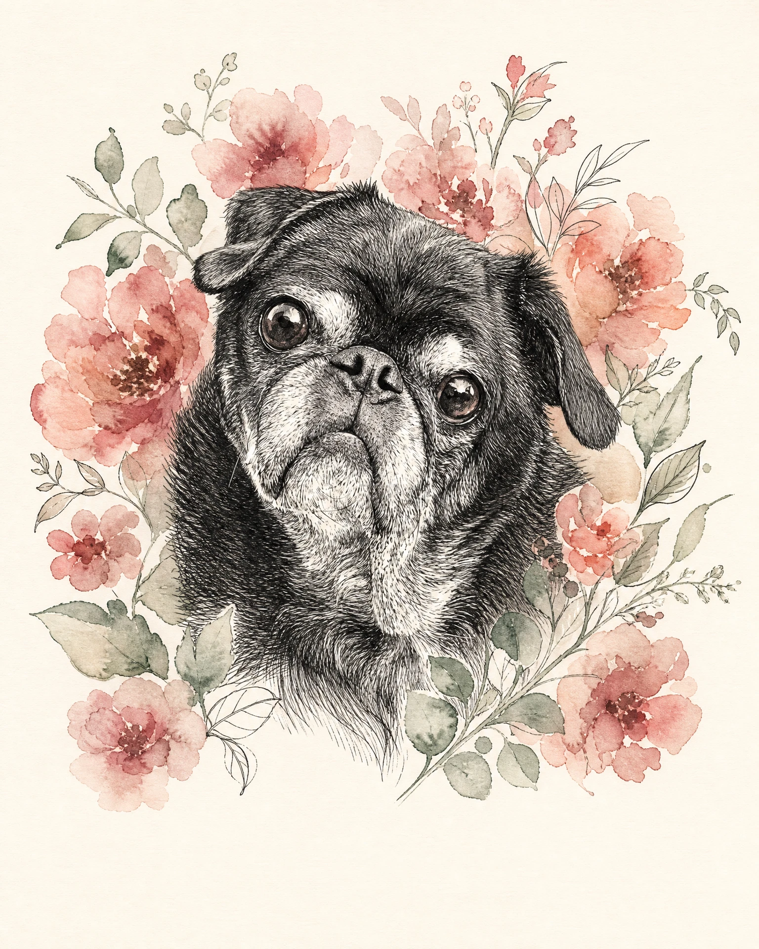 Black pug in Line & Bloom — rendered artwork