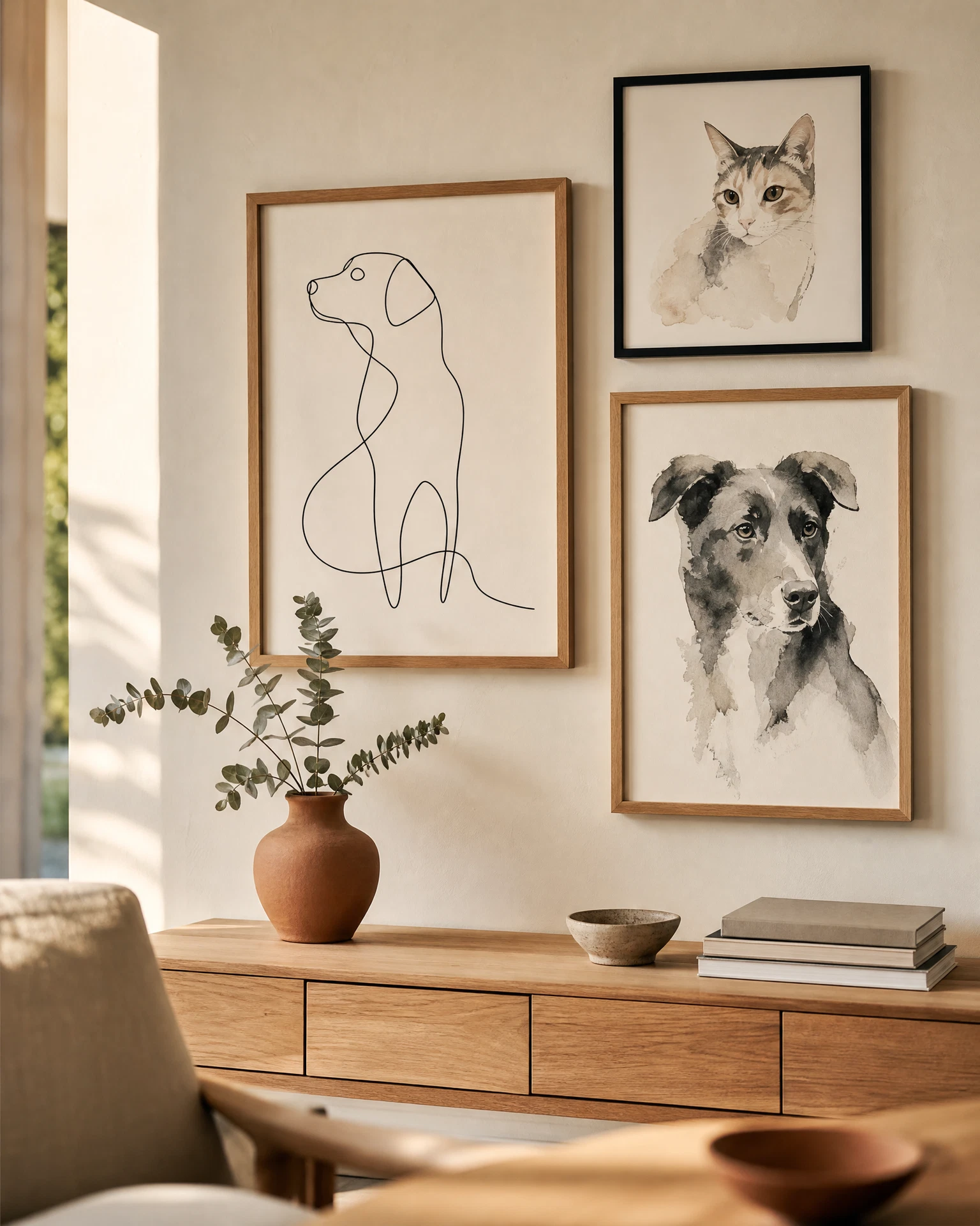 Framed AI-generated portraits on a gallery wall